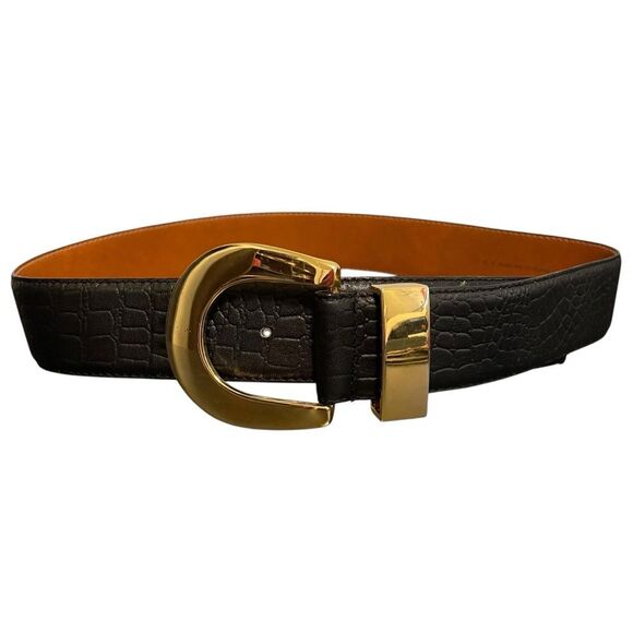 Jana Croc Embossed Leather Belt Black Gold MED - Picture 2 of 5